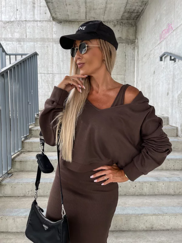Todelt kjolesett for kvinner Cleo™, V-hals, hette, lang dress