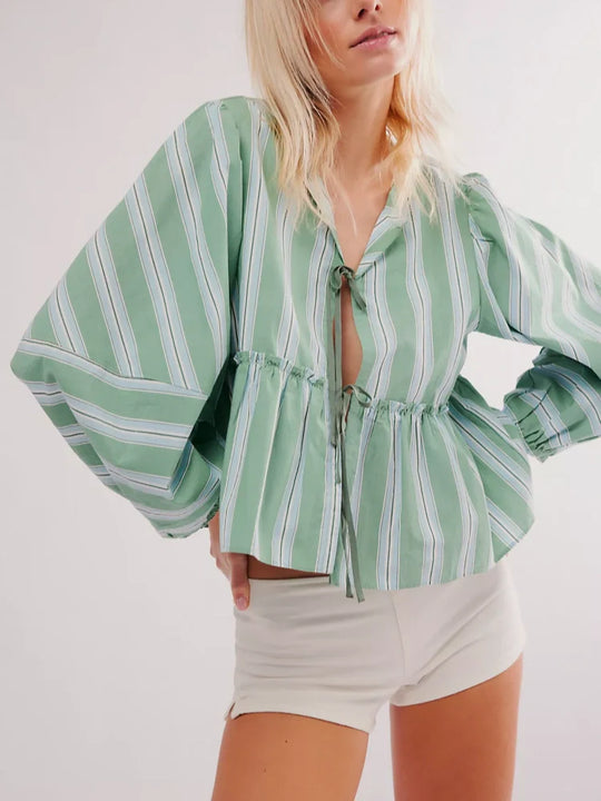 Brunch-babe Stripete Bluse Shorts Sett